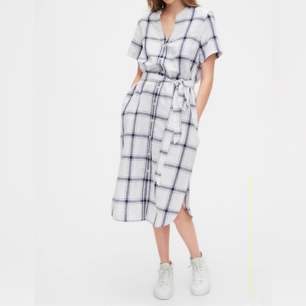 GAP Checkered Tie-Waist Midi Dress (Cotton / Linen)